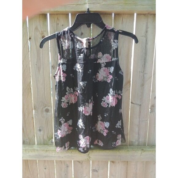 Black & Pink floral sheer/solid top junior's medium 7/9 - Picture 5 of 8